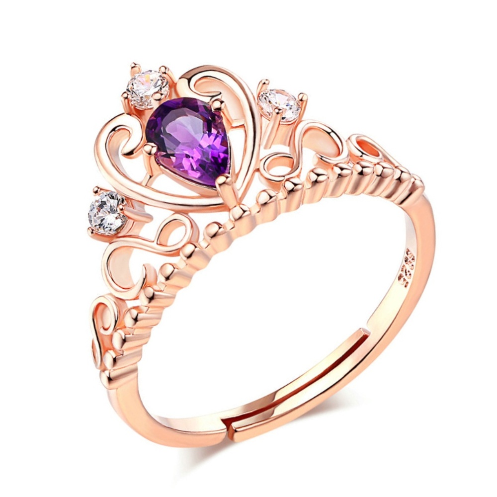 925 Sterling Silver Gold Amethyst Heart Crown Ring
